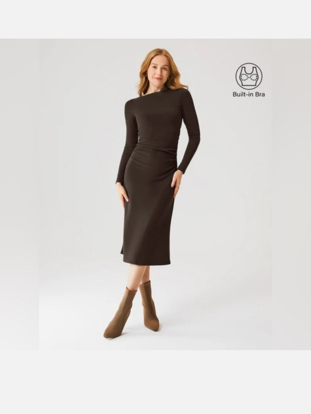 OGL Brown Long-Sleeve Midi Dress with Built-In Bra